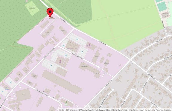 Kartenausschnitt, auf welchem der Werstoffhof Saarwellingen mit einer roten Markierungsnadel markiert ist.